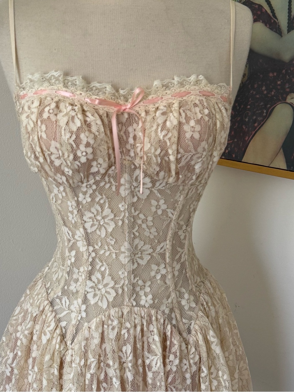 Cream Lace Babydoll Chemise with Pink Ribbon Accent - Picture 4 of 6